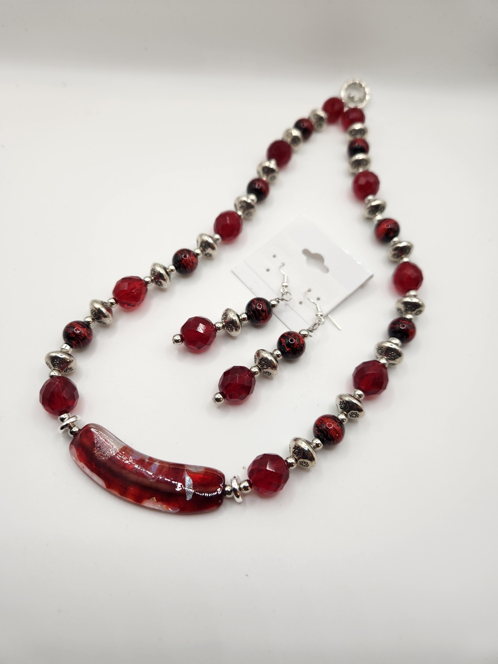 Bold Red Glass Bead Necklace with Silver Accents and Matching Earrings